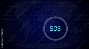 SOS signal on the monitor screen. Distress signal on a world map. Crashing. Signal object on the world map.