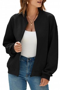 Eytino Light Jackets for Women Bomber Jacket Lightweight Fall Zip Up Long Sleeve Stand Collar Jacket with Pockets Black