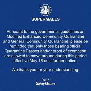 71K views · 922 reactions | #SMAnnouncements: No Quarantine Pass, No Entry Rule will be implemented across select malls nationwide from May 16 until further notice. For more details on guidelines, you may check respective FB page per mall branch. #TogetherAtSM, let's ensure the safety of one another. #SafeMallingAtSM | SM Supermalls | Facebook