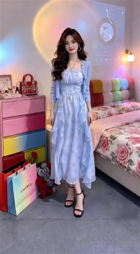 法式碎花蓝色吊带裙子女夏季温柔风收腰显瘦中长款A字大摆连衣裙#时尚穿搭 #夏季穿搭 #显瘦穿搭 #吊带连衣裙