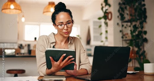 Woman, tablet and reading with laptop at house for research, finance report and budget review. Person, tech and website for mortgage payment, financial clipboard and comparison for household expenses