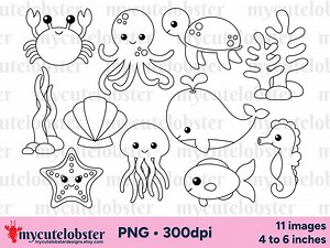 Sea Creatures Digital Stamps - Ocean Animals Clipart Outlines, PNG Digital Download - Etsy