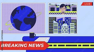 Headlines breaking news studio cartoon animation. Live reportage reporter. Television broadcasting program 4K video 2D motion graphic. Channel TV production animated backdrop on newsroom background