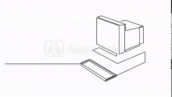 Self drawing animation of continuous one line retro personal computer. Animated vintage cpu with analog monitor and keyboard drawn by single line.