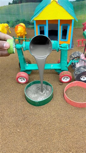 DIY Mini Cement Mixer Pouring Concrete into two filler ￼ | Mini Construction Build #miniconstruction