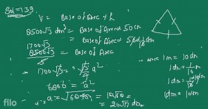If the volume of a right equilateral triangular prism is 8500 \... | Filo