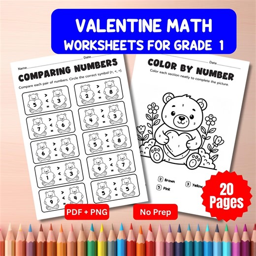 Valentine Math Worksheets Grade 1 | Numbers 1–20 | No Prep / Print & Go - Etsy