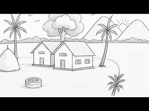 Simple Village Scenery Drawing. Easy Pencil Sketch for Beginners. Landscape Art. গ্রামের দৃশ্য আঁকা.