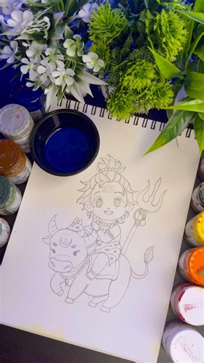 Cute Mahadev Drawing Easy 💙🔱 | Little Shiva & Nandi #shorts #mahadev