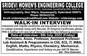 Faculty Recruitment 2023 at Sri Devi Women’s Engineering College, Hyderabad | FacultyPlus