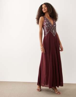 Abercrombie & Fitch plunge neck maxi dress with cross back detail in red | ASOS