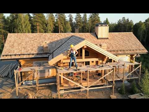 High-end wooden house made from natural forest timber trunks – complete construction process