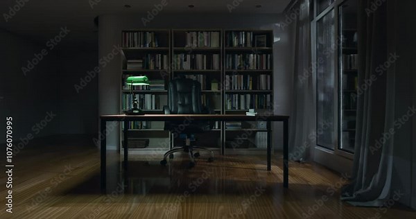 3d render of study room, home, office or library background with book shelf at night