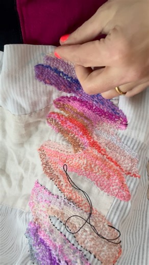 Amanda Nadig on Instagram: "I drew this shape on my quilt top using a blue water soluble marker, but went over it with a black running stitch just in case the outline washed off a bit while traveling. The result of this dense running stitch crewel embroidered yarn shape feels almost like a weaving and I’m glad I removed the black thread in the end. 🧵 🪡 Sometimes you’ve gotta spend some time unpicking thread but that in itself can be a satisfying process too!"
