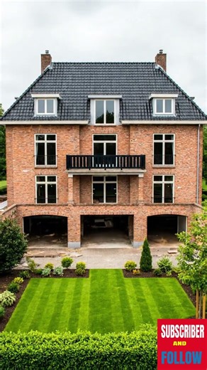 Elegant brick house with a dark roof and integrated garage space.#restoration #interiordesign
