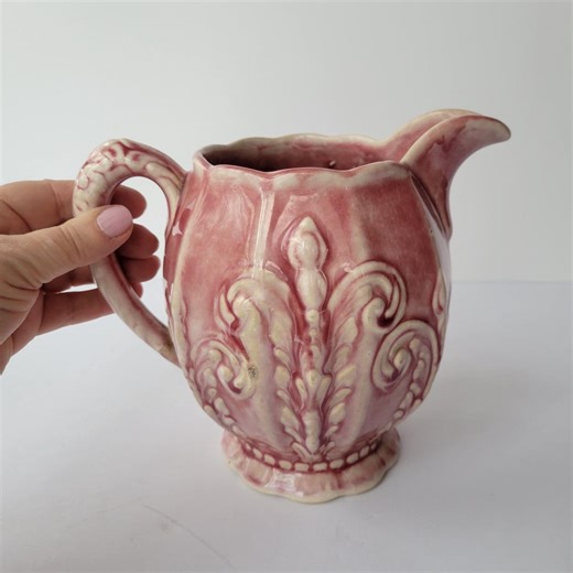 Vintage Blue Ridge Pottery "rose Grace" Pink Pitcher, Embossed Scrollwork Relief W Acanthus Leaf Detail, Cottagecore, Victorian Floral Vase - Etsy