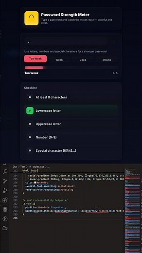 Password Strength Meter #css #html #webdevelopment #ai #aivideo #aishorts #frontend #devshorts