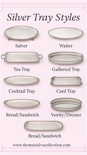 The 101 of Silver Tray Styles You Should Know If you love vintage silver, knowing the function behind each tray makes collecting—and styling—so much more meaningful. • Salver — Traditionally footed and used for formal presentation or ceremonial service. • Waiter — Flat and versatile, originally for serving drinks or clearing a table. • Tea Tray — Designed with handles for tea service, cakes, and entertaining. • Galleried Tray — Raised pierced edges to secure glassware, decanters, or vanity piece