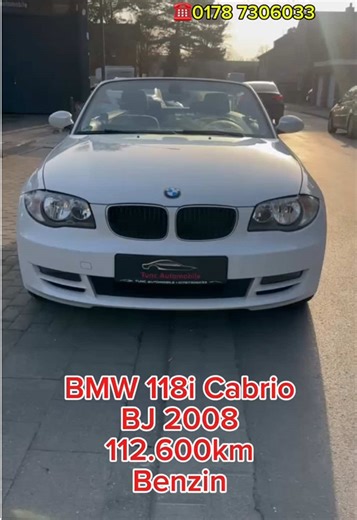 🚗 BMW 118i Cabrio Advantage – Fahrspaß mit offenem Dach • Erstzulassung: 09/2008 • Kilometerstand: 112.600 km • Motor: 2.0 Benzin • Leistung: 143 PS (105 kW) • Getriebe: Schaltgetriebe • Antrieb: Heckantrieb • Sitzplätze: 4 • Fahrzeugkategorie: Cabrio / Roadster • Farbe: Weiß (Alpinweiß III) • Innenausstattung: Stoff, Schwarz • Schadstoffklasse: Euro 4 • Umweltplakette: Grün (4) • HU: Neu ✨ Ausstattung & Highlights: Sitzheizung vorne, Klimaanlage, Tempomat, Multifunktionslenkrad, Lederlenkrad, 