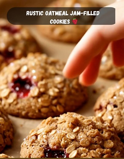 Rustic Oatmeal Jam-Filled Cookies 🍓 Ingredients: 1 ¼ cups rolled oats ¾ cup whole wheat or all-purpose flour ½ tsp baking soda ½ tsp cinnamon ¼ tsp salt ⅓ cup melted coconut oil or butter ½ cup honey or maple syrup 1 egg 1 tsp vanilla extract About ½ cup berry jam (raspberry, blackberry, or mixed berry) Instructions: Preheat oven to 350°F (175°C) and line a baking sheet with parchment. In a large bowl, mix oats, flour, baking soda, cinnamon, and salt. In another bowl, whisk melted oil/butter, h