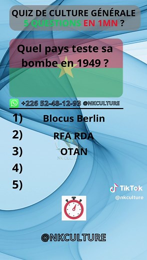 Révise les repères clés de la guerre froide : blocus de Berlin en 1948, naissance de la RFA et de la RDA en 1949, création de l’OTAN, premier test nucléaire de l’URSS et déclenchement de la guerre de Corée en 1950. Ce sont des jalons incontournables pour tout candidat sérieux. PréparationConcours #ConcoursBurkina #RéussiteConcours #BlocusBerlin #RFA #RDA #OTAN #URSS #GuerreDeCorée #CultureGénérale #ExamensBurkina #MotivationÉtudiants #concourdirect #concoursprofessionel
