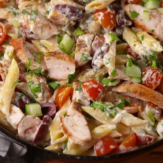 This Greek Chicken Pasta tastes like summer. Full recipe: http://dlsh.it/UmayxBy | Delish