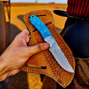 Handmade Damascus Steel Cowboy Knife, Turquoise Handle, Leather Sheath, Special Occasion Gift - Etsy