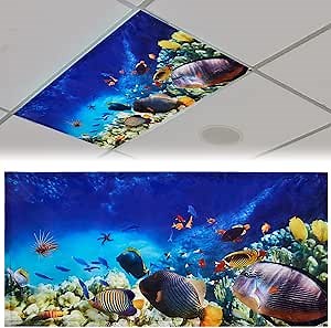 Patelai 4 x 2 Feet Fabric Fluorescent Light Cover for Ceiling Classroom Magnetic Cubicle Shade with 10 Magnets Fluorescent Light Filters for School Home Office Drop Lamp Decor(Ocean)