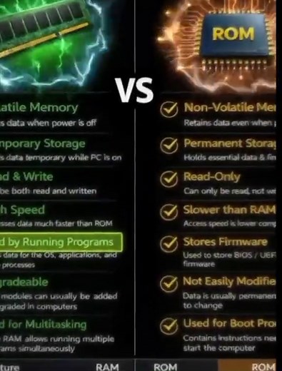RAM vs ROM – Know the Difference! 💻 Two essential parts of every computer or smartphone, but they serve completely different purposes 🤯 🔹 RAM (Random Access Memory) ⚡ Temporary memory ⚡ Stores data for running apps ⚡ Faster but clears when the device turns off 🔹 ROM (Read Only Memory) 💾 Permanent storage 💾 Stores firmware and system instructions 💾 Data remains even when power is off Understanding RAM vs ROM helps you learn the basics of computer hardware, system performance, and device me