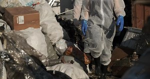 Specialists from laboratory arrived at landfill, brought bag of reagents, make their way among rubble debris, inspection of landfill, danger to life, environmental disaster, danger, pollution, ecology