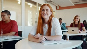 Smiling girl sitting in college classroom. Female student in high school lecture hall looking at camera and smiling.