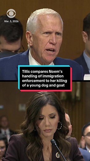 Sen. Thom Tillis (R-NC) heavily criticized DHS Secretary Kristi Noem during a congressional hearing on Tuesday, comparing her handling of immigration enforcement to the killing of a young dog and goat back home in South Dakota. “Those are bad decisions made in the heat of the moment. Not unlike what happened up in Minneapolis,