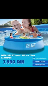 NTEX EASY SET bazen - 3.05 m x 76 cm sa pumpom 💢💢 Cena : 7.990 DIN 💢💢 ..........☎️☎️ 063 124 63 64 ☎️☎️.......... ..........☎️☎️ 064 522 07 13 ☎️☎️.......... 💢Intex Easy Set 305 x 76 cm bazen sa pumpom. Ovaj jednostavan bazen plave boje, sa prstenom na naduvavanje odlično će se uklopiti u vaše dvorište. Zaista se jednostavno i brzo montira. Bazen se postavlja na ravnu, očišćenu površinu i kako se bazen puni, vazdušni prsten na vrhu ( predhodno naduvan ) se podiže i zateže telo bazena i tako