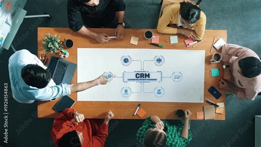 A diverse business team gathers around a table discussing CRM strategies, using charts and diagrams for effective planning and collaboration in a modern office environment. Raster
