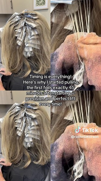 •Started foiling at 10:30, wrapped up by 11:15. •Immediately began pulling the first foils I placed—why? Those foils had been processing for 45 minutes and had reached my desired lift. •Every 15 minutes, I’ll be rechecking the foils and pulling those that have reached the perfect lift. ✨Staying on top of timing ensures consistent, beautiful results every time! #trending #hairtok #hairstylistsoftiktok #hairatylist #mnhairstylist #mnhair #minneapolis #minneapolishairstylist #minnesota #summerhair