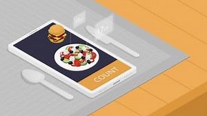 Nutrition calculator video concept. Colorful moving banner with pop-up elements. Smartphone with application for counting calories in food. Phone screen with burger. Isometric graphic animated cartoon
