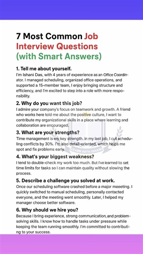 Common job Interview Questions and Answers ♥️ #reelsfypシ #fblifestyle #viral #trendingnow #facebook #fbreels @topfans | Learn with Ishani