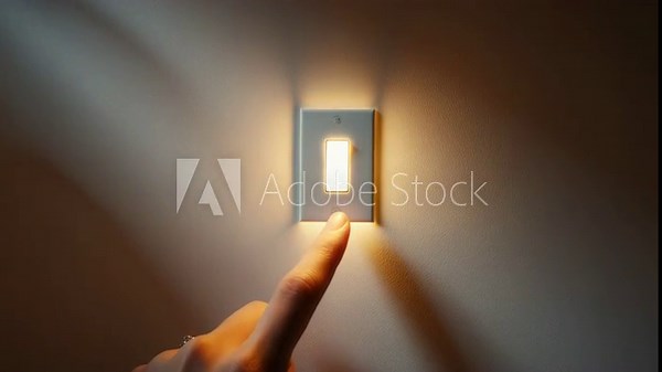 Hand Switch Light On Off Close Up, Finger Turning Lamp Switch in Dark Room Warm Glow Minimal Concept Energy Power Control
