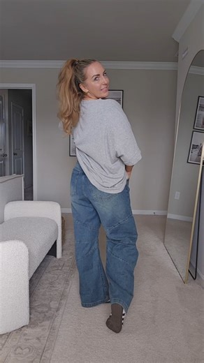 Jessica Lane | Travel & Lifestyle Curator on Instagram: "Sliding into the weekend like ✨ Quick Amazon try-on of two easy wins: These barrel jeans have that relaxed boyfriend wide-leg fit, are true to size, and come in three washes (I’m in the blue). Paired with a short-sleeve puff sleeve sweater that’s also true to size and comes in tons of colors. Comfy, flattering, and zero effort — my kind of outfit. 💬 Comment “SHOP” for links. #AmazonFashion #AmazonFinds #WeekendStyle #TryOnHaul #CasualChic