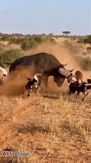 truevisionsai on Instagram: "Buffalo Saves Impala from Wild Dog Pack! (AI Film) This raw, intense video captures a chaotic confrontation in the African bushveld. A pack of Wild Dogs had an Impala cornered, but a massive Cape Buffalo intervenes in a split second, scattering the dogs and ensuring a safe escape. Note the brief shot of the tourist who was filming and scrambling away. ​⚠️ AI DISCLOSURE: This is a fictional AI creation, not real wildlife footage. Scenes are created for artistic purpos