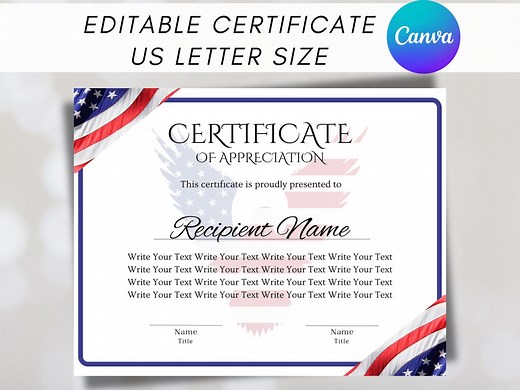 Editable American Flag Appreciation Certificate Template (digital Download) - Etsy