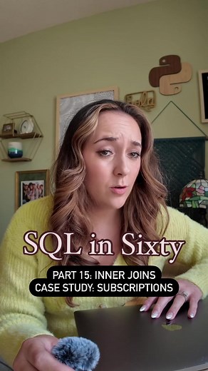 SQL in Sixty, where I teach you a SQL lesson in 60 seconds! Today we’re learning inner joins, a super important technical skill for data science and data analytics. #sql #sqllessons #sqlinsixty #sqlin60 #sqlcourse #datascience #dataanalytics