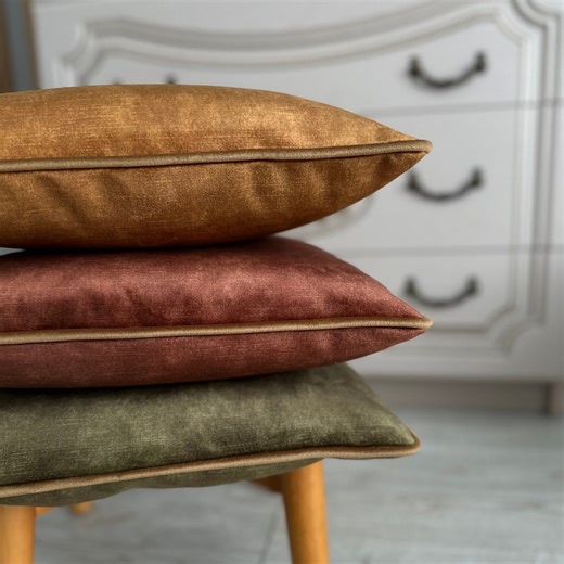 Velvet Pillow Cover With Piping: Chestnut, Caramel, Olive Green - Etsy