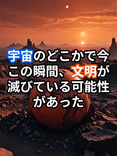 宇宙のどこかで今この瞬間、文明が滅びている可能性があった この広大な宇宙には、まだ解明されていない謎が数多く存在します。「宇宙の囁き」では、科学とロマンが交差する神秘の世界を、短い動画でお届けします。あなたも宇宙の秘密を覗いてみませんか？ みなさんの感想をコメント欄にてお待ちしております。 VOICEVOX:青山龍星 BGM DOVA SYNDROME ・オススメ動画 https://youtu.be/wP0Ecw3zjhk https://youtu.be/95k8loHj4PE https://youtu.be/a45gfrNpIto https://youtu.be/AnSRLhVh2-4 https://youtu.be/XN7U2dLkd-4 https://youtu.be/ywVrWOAb-cw https://youtu.be/nENso02RiPo https://youtu.be/6tqsBr-zw5E https://youtu.be/feTGqv-Zme4 https://youtu.be/hUC78b8aQ60 https://youtu.be/-5GAquF