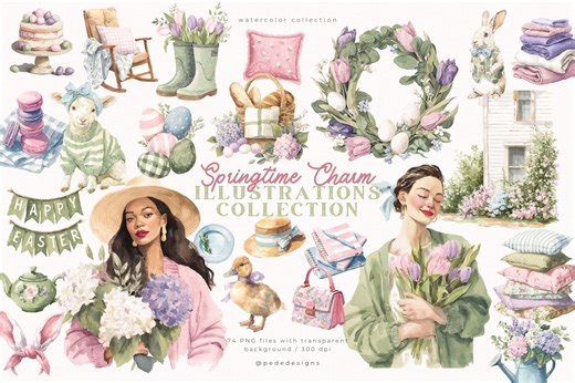 Buy Springtime Charm Illustration Collection | Watercolor Spring & Easter Clipart | Digital Stickers | PNG Spring Graphics | Cottagecore Online in India - Etsy