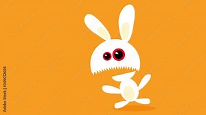 zombie bunny emerging in parts from the center of the screen with sharp teeth like a saw separating from a cute little body with white fur and bloody eyes