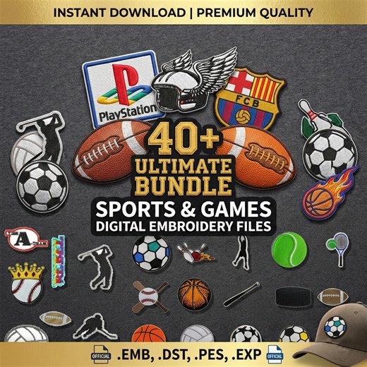 20 Sports Embroidery Designs Bundle | Football Soccer Basketball Baseball Tennis Patches | Machine Embroidery Files Pes Dst Emb Exp