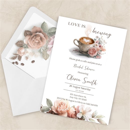 Love is Brewing Bridal Shower Invitation Template, Coffee Themed Invite, Floral Coffee Beans, Editable Printable Download - Etsy