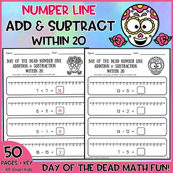 Day of the Dead Number Line Addition and Subtraction Within 20 Worksheets K-1