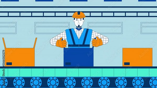 Production line worker packing boxes in warehouse cartoon animation. Factory 4K video 2D motion graphic. Hard hat workman sealing cardboard box conveyor belt animated character on blue background